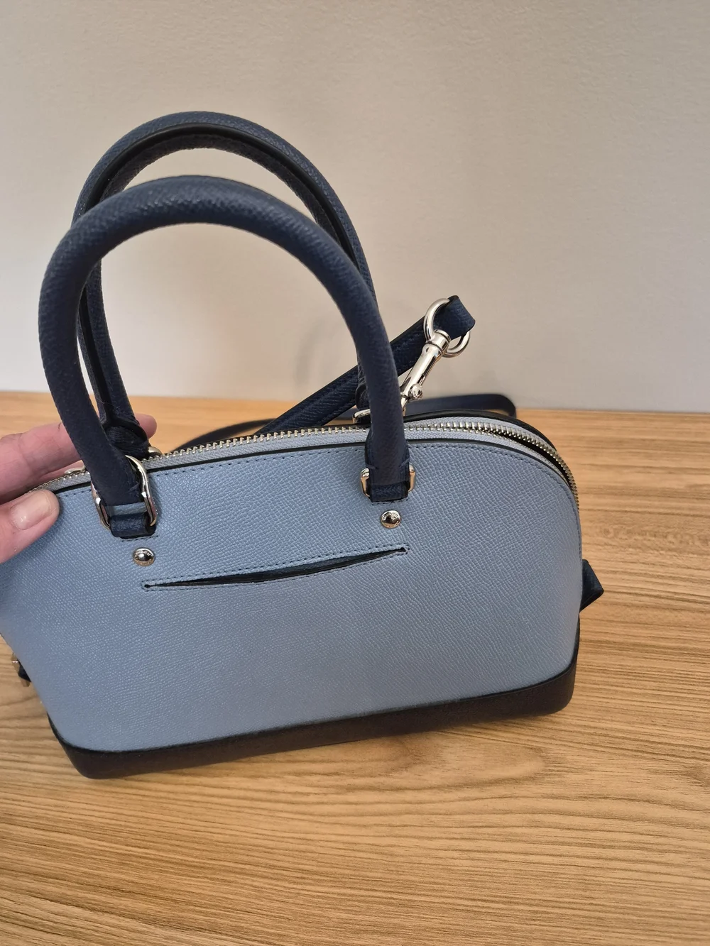 NEW COACH Two-Tone Light Blue/ Navy Mini Dome Satchel Cross Grain/ Pebbled Leath